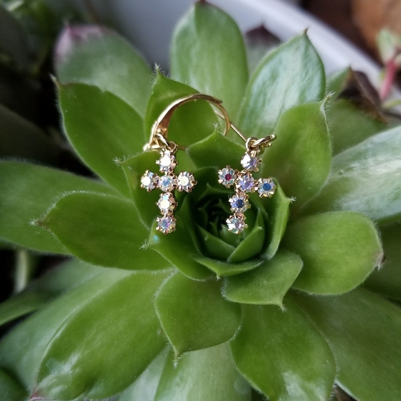 Tiny Iridescent Cross Earrings - Picture 4 of 5